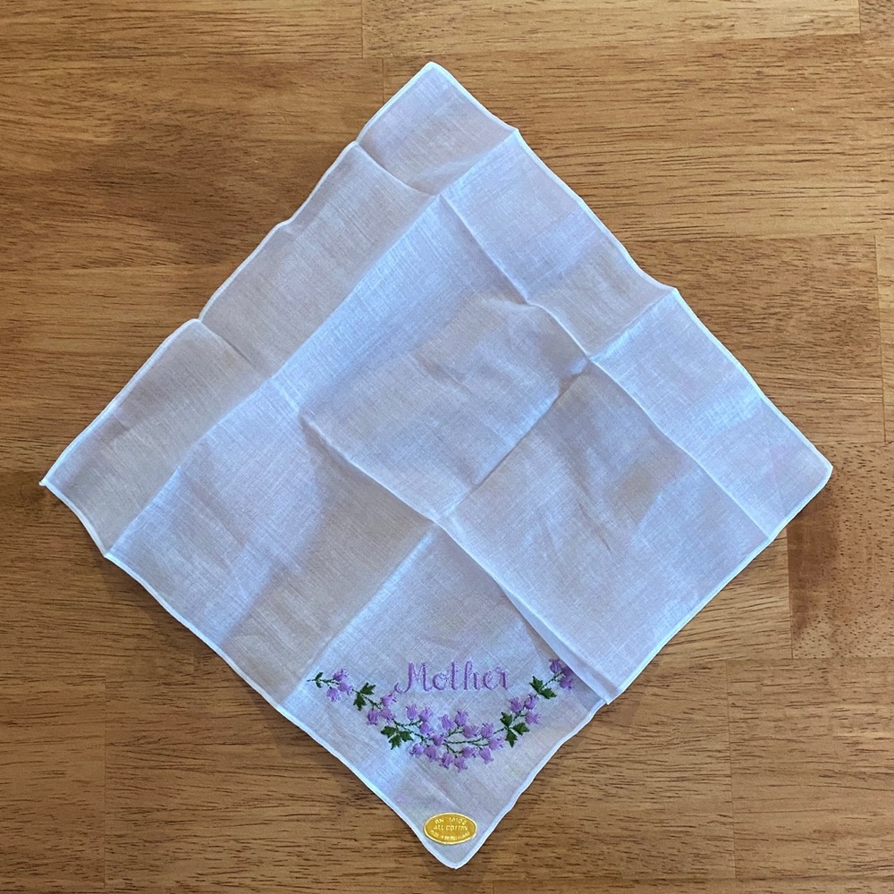 Embroidered White Handkerchief with Purple Floral Design - Picture 2 of 5